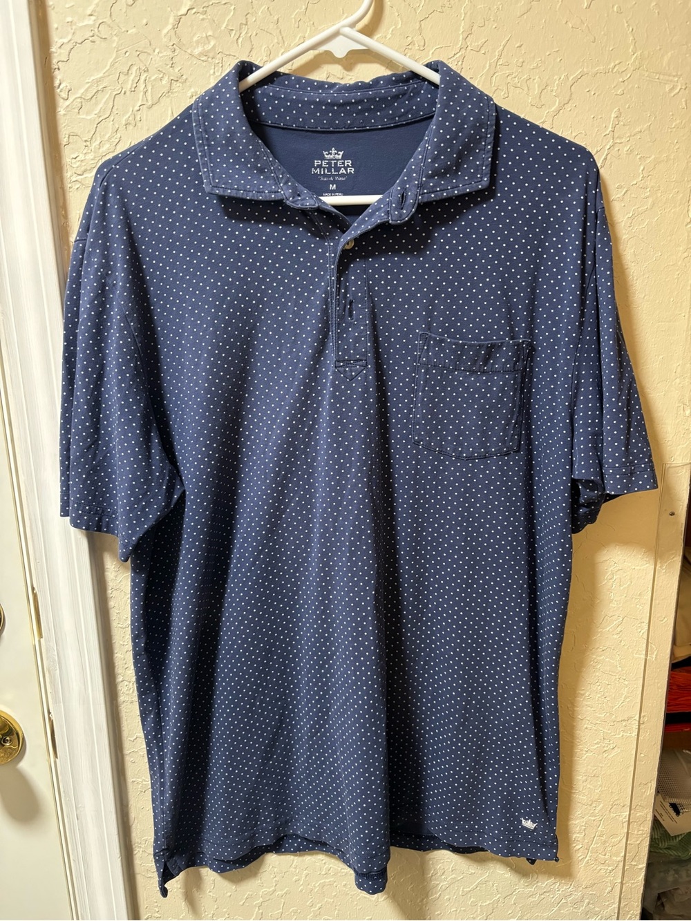 Peter Millar Navy Microdot Short-Sleeve Polo with Chest Pocket “seaside wash”